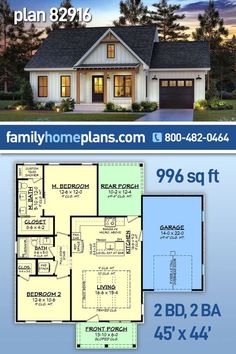 two story house plan with 2 car garage and living room, attached to the second floor