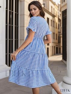 Ebeek - Chic Plaid Ruffle Hem V-Neck Short Sleeve Dress - Versatile Womens Casual Apparel Ruffle Pattern, Short Sleeve Dress, Womens Casual, Type A, Ruffle Hem, Sleeve Dress, Casual Women, Short Sleeve Dresses, Casual Outfits