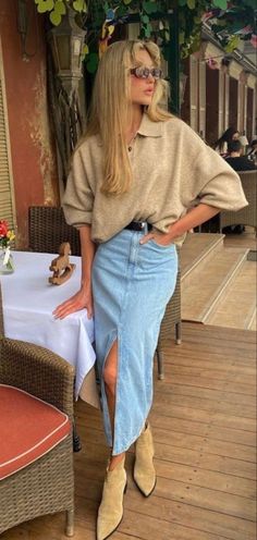 Denim Skirt Outfits, Long Denim Skirt, Looks Style