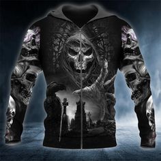 Ghost Death Night Skull 3D Tees & Hoodies | tatkuink. Reaper Art, American Hoodie, Skull Sweater, Printed Hoodies, 3d Skull, Skull Clothing, Comfort Colors Sweatshirt, Skull Hoodie, Skull Artwork