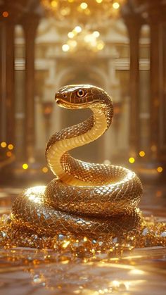 a golden snake is on the ground in front of a chandelier and lights