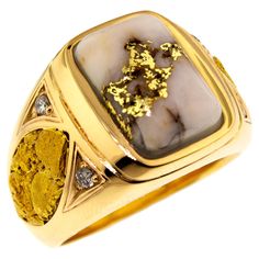 Rare and beautiful natural gold bearing quartz and gold nuggets are featured elegantly in this unique men's ring. The classic shape and styling are a perfect frame for the natural material choices, and the vivid color of the two types of natural raw gold pop dramatically against the 18kt setting. This substantially made solid ring will wear well, and will be a timeless addition to any gentleman's wardrobe. This listing is for a custom, made to order version of this ring. You will be given the op Raw Gold, Unique Mens Rings, Signet Ring Men, Gold Nugget, Blue Sapphire Diamond, Natural Gold, Modern Ring, Natural Blue Sapphire, Men's Ring