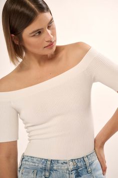 Shaper Fit Off-Shoulder Rib-Knit Bodysuit - ShopPromesa Summer Ribbed Bodycon Tops, Ribbed Bodycon Summer Tops, Fitted Knit Off-shoulder Top, Ribbed Bodycon Tops For Summer, White Off-shoulder Knit Top, Casual Off-shoulder Stretch Bodysuit, White Knit Off-shoulder Tops, White Fitted Off-shoulder Knit Top, Elegant Ribbed Off-shoulder Tops