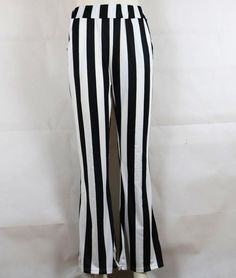 The striped pattern makes you look very energetic. Flare pants make you look stylish, it is a highlight of this pair of pants. If you wear it, the quality fabric makes you very comfortable. Material: PolyesterColors: Black WhiteSize: S, M, L, XLWaistline: High WaistDecoration: StripedPocket: NoPattern: StripedFit Type: SlimOccasion: Casual, Street, ClubSeason: Spring, Summer, AutumnClose Type: Elastic Trendy Striped Straight Pants, Striped Stretch Pants For Summer, Trendy Striped Long Pants, Chic White Bottoms With Striped Hem, Non-stretch Striped Summer Pants, Striped Wide Leg Stretch Pants, Striped Stretch Wide Leg Pants, Trendy Striped Wide-leg Pants, Trendy Striped Wide Leg Pants