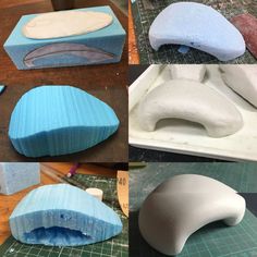 four different types of pillows being made on a table with cutting board and scissors in the background