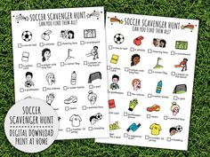 two soccer scavenger printables on green grass