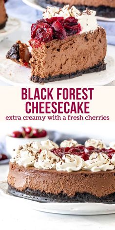 black forest cheesecake with fresh cherries and whipped cream on top is an easy dessert recipe