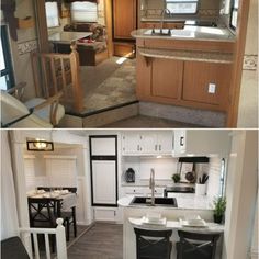 the inside of a mobile home with kitchen and living room in different stages of being remodeled