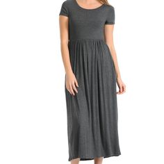 Charcoal Mid Calf Short Sleeve Dress With Pockets Dl-90128 Color: Charcoal 95% Rayon, 5% Spandex Hand Wash, Hang Dry Made In Usa Small 0-4 Medium 6-8 Large 10-12 X-L 12-14 Measurements (Flat Down) Sleeve: S:6 M:7 L:8 Xl:9 Waist: S:13 M:13.5 L:14 Xl:14.5 Bust S:15.5 M:16 L:16.5 Xl:17 Length: S:49 M:50 L:51 Xl:52 Casual Stretch Solid Color Maxi Dress, Fitted Solid Gray Dress, Casual Stretch Midi Dress In Solid Color, Fitted Gray Casual Maxi Dress, Gray Fitted Short Sleeve Maxi Dress, Casual Stretch Maxi Dress, Casual Fitted Plain Midi Dress, Gray Stretch Midi-length Dress, Spring Stretch Maxi Dress Plain