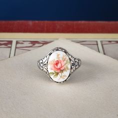 Vintage Rose Cameo Ring Adjustable Choose Pink Yellow or Blue - Etsy Vintage Oval Jewelry With Rose Design, Vintage Ring With Rose Design, Vintage Rose Design Rings As Gift, Vintage Rings With Rose Design For Gift, Gifts For Partner, Victorian Filigree, Gift For Granddaughter, Porcelain Roses, Vintage Style Rings