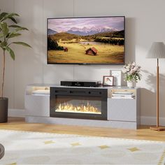 a flat screen tv mounted to the side of a wall next to a fire place