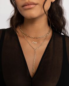 14k yellow gold lariat chain necklace. An edgy, fun yet timeless necklace, wear it by itself or layered. Necklace Length: 16" Lariat Drop: 3" Total Weight: 16” is approx. 4 grams Link: Approx. 3mm(W) by 9mm(H) Ships in 5-7 business days Rush orders ship in 3-5 business days Comes in a custom Zoe Lev jewelry box 14k Gold Lariat Chain Necklace, 14k Gold Charm Necklace With Figaro Chain, 14k Gold Lariat Clavicle Chain Necklace, Trendy Gold Lariat Necklace, Chic Gold Lariat Necklace For Everyday Wear, Trendy Lariat Necklace For Everyday, Yellow Gold Lariat Necklace With Paperclip Chain, Yellow Gold Paperclip Chain Layered Necklace As Gift, Yellow Gold Lariat Jewelry With Paperclip Chain