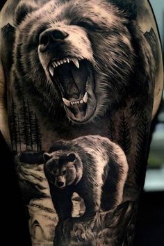 a man with a bear tattoo on his arm and shoulder, showing it's teeth