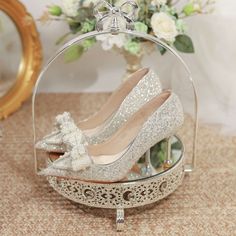 Luxury Pearl Bowtie Wedding Shoes Women Autumn Shiny Crystal High Heels Pumps Woman Slip On Pointed Toe Bling Party Shoes Silver Closed Toe Kitten Heels For Formal Occasions, Silver Open Toe Wedding Shoes For Banquet, Silver Court Shoes With 4-inch Heel For Party, Silver Heels With Round Toe For Banquet, Silver Closed Toe Heels For Banquet, Silver Round Toe Wedding Shoes For Party, Silver Court Shoes With Low Heel For Evening, Silver Low Heel Court Shoes For Evening, Elegant Silver Kitten Heels With Round Toe