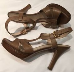 Prada light camel brown high heel platform leather sandals, size 40 1/2 | eBay Brown Almond Toe Sandals With Deep Heel Cup, Elegant Brown Platform Sandals, Brown Round Toe Wedge Sandals For Formal Occasions, Formal Brown Platform Wedge Sandals, Beige Open Heel Wedge Sandals For Formal Occasions, Beige Open Heel Wedge Sandals For Formal Events, Brown Platform Slingback Heels, Formal Brown Wedge Sandals With 4-inch Heel, Beige Platform Sandals For Formal Occasions