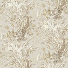 Sample Peacock Textured Wallpaper in Metallic/Cream Creamy Wallpaper, Foyer Wallpaper, Wallpaper Ceiling, Peacock Design, Pattern Matching, Visual Display, Shades Of Gold, Cream Background, Beaded Animals