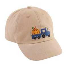 Your pumpkin patch pal needs this Khaki Pumpkin Patch Toddler Hat. Made from high-quality 100% cotton, this washed canvas hat showcases exquisite embroidered details. With its adjustable slider, you can easily customize the hat to provide a perfect fit for your toddler. The center of the hat features an adorable truck carrying a pumpkin, adding a charming touch to their outfit. Designed to be one size fits most, this hat ensures a comfortable and snug fit. When it's time for a wash, simply turn Fall Cotton Hat With Curved Brim, Cotton Hat With Curved Brim For Fall, Cotton Cap One Size Fits Most, Cotton Cap Hat, Outdoor Cotton Trucker Hat, Curved Brim Cotton Hat For Fall, Cotton Hats For Outdoor Fall Activities, Cotton Cap For Fall, Cotton Brimmed Trucker Hat For Summer