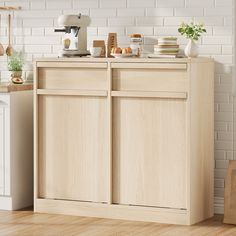 a kitchen with white brick walls and wooden cabinets, including a coffee maker on the counter