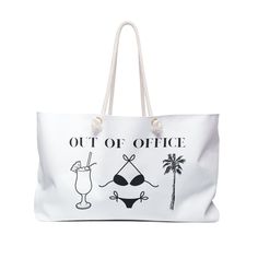 "Our oversized Weekender Tote is perfect for your weekend at the beach or in town. The wide-mouthed, durable bag holds a generous amount of personal items and is easily held by its thick rope handles. .: One size: 24\" x13\" (60.9 cm x 33 cm) .: 100% Spun Polyester .: T-bottom .: Cream sheeting interior lining .: NB! Size tolerance 0.75\" (1.9 cm)) .: Assembled in the USA from globally sourced parts" White Beach Bag For Vacation, Summer Rectangular Weekender Bag For Beach, Beach Tote Weekender Bag With Large Capacity, Summer Beach Weekender Bag In Rectangular Shape, Beach Weekender Bag With Large Capacity, Large Capacity Tote Weekender Bag For Beach, Rectangular Summer Weekender Bag For Beach, Beachwear Travel Bag For Vacation, Beachwear Tote Beach Bag For Travel