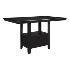 a black table with drawers underneath it on a white background and an empty shelf below the table