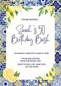 a blue and yellow birthday party with lemons on the border, in an ornate frame