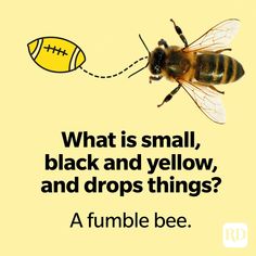 a bee flying through the air next to a yellow ball with words written below it