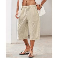 Category:WE-Pants; Season:Summer; Fabric:25% Linen,75% Cotton; Gender:Men's; Style:Hawaiian,Boho; Occasion:Beach,Holiday,Vacation; Fit Type:Regular Fit; Function:Comfort,Breathable; Waistline:Mid Waist; Pattern:Plain; Design:Elastic Waist,Drawstring,Pocket; Pants Type:Summer Shorts,Linen Shorts,Beach Shorts; Fly Type:Elasticity,Drawstring; Front page:FF; Listing Date:04/07/2024; Production mode:External procurement; Hips:; Length:; Waist:; Pants Length:Calf-Length Mens Linen Shorts, Tuxedo Shirt Men, Shorts Linen, Mens Outdoor Jackets, Denim Shirt Men, Basic Hoodie, Linen Shirt Men, Linen Shirt Dress, Mens Linen