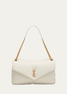 Saint Laurent Calypso Large YSL Shoulder Bag in Leather - Bergdorf Goodman Luxury Flap Bag With Gold-tone Hardware, Designer Soft Leather Bags For Everyday Luxury, Luxury Soft Leather Shoulder Flap Bag, White Luxury Flap Bag With Double Handle, Luxury White Pouch Satchel, White Leather Flap Bag For Everyday Luxury, High-end White Leather Flap Bag, Luxury Soft Leather Pouch Bag, Soft Leather Satchel Flap Bag For Everyday