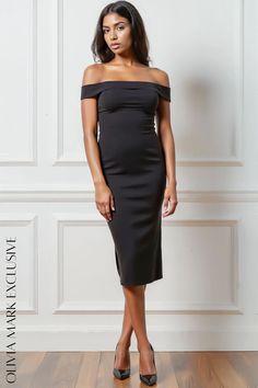 Olivia Mark - Elegant Off-the-Shoulder Midi Dress - A Sophisticated Silhouette Elegant Dresses Midi, Hugging Silhouette, Shoulder Design, Olivia Mark, Elegant Dresses, Off The Shoulder, Bodycon Dress, Midi Dress, Confidence