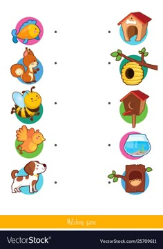 the matching game for children with animals and birdhouses on white background stock photo