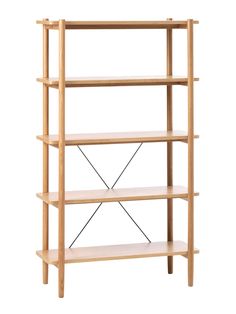 a wooden shelf with three shelves on each side and two black lines at the bottom