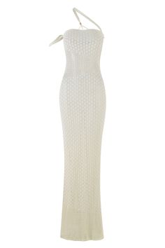 Details White maxi dress in crochet fabrication Featuring 3 different knit techniques - Garment is sheer in some parts Fitted silhouette 3 shoulder straps at neck with tortoise bead at back - Bead position can be adjusted for better fit Strapless neckline Featuring off the shoulder detail at wearer's right arm Pull-on construction - Slip into with ease Unlined - This style is semi sheer due to the nature of the fabric We recommend wearing no bra or pasties with this garment Due to sheer nature, White Vacation Dress, White Holiday Dress, Knit Techniques, America Dress, White Women Dresses, White Knit Dress, White Maxi Dress, Elegant Dresses Classy, Strapless Neckline