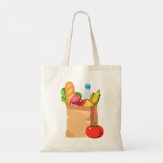 a grocery bag filled with groceries and fruit on the front, sitting against a white background