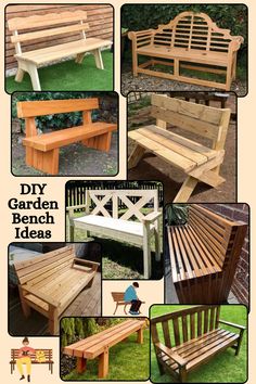 wooden benches and tables made out of pallets are shown in this collage with the words diy garden bench ideas