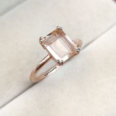 Morganite Emerald Engagement Ring, Peach Moissanite Engagement Ring, Emerald Cut Morganite Ring, Pink Silver Ring, Champagne Emerald Cut Engagement Ring, Delicate Emerald Cut Promise Ring, Classic Morganite Solitaire Rings, Morganite Solitaire Diamond Ring, Classic Rose Gold Topaz Promise Ring