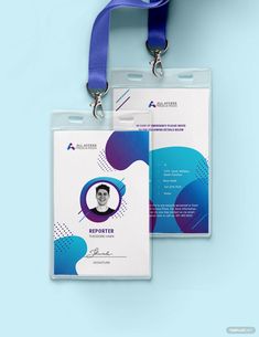 two id cards with lanyards attached to them on a blue and white background