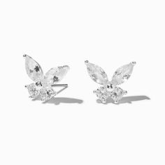 Claire's Silver-tone Cubic Zirconia Butterfly Stud Earrings White Butterfly-shaped Cubic Zirconia Earrings, White Butterfly Cubic Zirconia Earrings, Butterfly Shaped White Cubic Zirconia Earrings, Butterfly Stud Earrings, Butterfly Earrings Stud, Sustainable Business, Earrings Elegant, Metal Style, Silver Earrings Studs