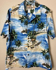 BLUE HAWAII Men Vintage Shirt Size M Cotton Coconut Button Diamond Head Aloha Blue Hawaiian Shirt With Hibiscus Print For Beach, Blue Hawaiian Shirt For Beach, Blue Hawaiian Camp Shirt For Beach, Blue Hibiscus Print Shirt For Beach, Blue Hawaiian Shirt With Tropical Print, Blue Hawaiian Shirt With Tropical Print For Vacation, Hawaiian Shirt With Camp Collar For Beach Season, Blue Tropical Print Hawaiian Shirt For Vacation, Hawaiian Shirt For Beach Season