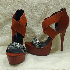 New With Original Box Brown Platform Heels For Night Out, Brown Platform Heels For A Night Out, Brown Heels With 4-inch Heel For Party, Brown Party Heels With 4-inch Heel, Brown High Heel Evening Heels, Brown Heels With Padded Heel For Night Out, Brown High Heel Heels For Evening, Brown Heels With Wrapped Heel For Night Out, Evening Brown High Heels