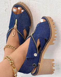 Trendy Denim Blue Sandals With Round Toe, Trendy Denim Blue Round Toe Sandals, Closed Toe Denim Sandals, Denim Sandals With Buckle Closure For Spring, Denim Blue Open Heel Sandals For Summer, Spring Denim Sandals With Buckle Closure, Denim Open Toe Sandals With Buckle Closure, Denim Sandals With Round Toe For Spring, Open Heel Denim Sandals For Summer