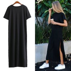 Side High Slit Short Sleeves Black Long T-Shirt Women Dress in Dresses Free worldwide shipping! Check it now! Long Black Bodycon Dress, Long Tshirt Dress, Summer Dress Trends, Ladies Long Top, Cheap Summer Dresses, Comfy Clothes, Mommy Style, Elegante Casual, Outfit Trends