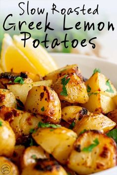 a white bowl filled with fried lemon potatoes