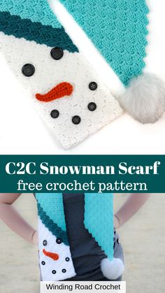 the crocheted snowman scarf is shown with text that reads, free crochet pattern