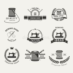 sewing shop logos and emblems with thread, needles and spools on white background