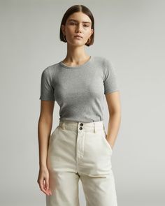 The Luxe Micro-Rib Crew Heathered Grey – Everlane Basic Ribbed Short Sleeve Top, Everyday Ribbed Short Sleeve Top, Fitted T-shirt With Ribbed Neckline, Fitted T-shirt With Ribbed Neckline For Everyday, Everyday Fitted T-shirt With Ribbed Neckline, Modern Fitted Short Sleeve T-shirt, Everlane Crew Neck Top For Spring, Everlane Casual T-shirt, Everlane Casual Short Sleeve T-shirt