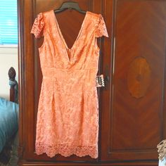 Beautifully Designed, Fully Lined Peach Dress From Soieblu Pippa &Pearl Collection. Metal Zip Back, Cap Sleeves. Lining Is A Light Peach Color Under A More Vivid Peach Lace. New W/Tags. - Just Didn't Fit Me, I'm 5'2" And You Can't Hem Lace. It's A Large, Fits Size 12 And Has Some Stretch. Boned 'V' In Front To Hold It's Shape. Fitted V-neck Lace Dress For Wedding Guest, Pink Lace Summer Dress For Formal Occasions, Pink Lace Dress For Formal Summer Events, Pink Fitted V-neck Lace Dress, Pink Fitted Lace Dress With V-neck, Pink Short Sleeve Lace Dress For Formal, Pink Short Sleeve Lace Dress For Formal Occasions, Pink Short Sleeve Lace Dress For Formal Events, Elegant Pink Lace Dress For Night Out