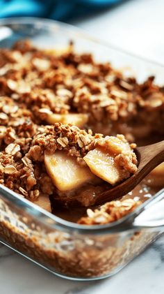 a close up of a spoon in a dish of fruit and oatmeal