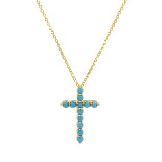 This modern Turquoise Cross necklace is handset in 14K Solid Gold with vibrant mm natural Turquoise. The Cross brings hope and faith to many and turquoise is a stone know to bring luck, peace and protection. Wear it as a reminder of strength and love. Pairs beautifully with our Turquoise Bead Bar Necklace.

Size: 25mm(H) x 15mm(W)
2.5mm Turquoise beads
Solid 14K Gold
Lifetime Guarantee
Made in Los Angeles
Due to the nature of Turquoise, color may vary Turquoise Cross Necklace, Bead Bar Necklace, Engagement Necklaces, Christmas Engagement, Gift For Anniversary, Bead Bar, Turquoise Cross, November Birthstone, Wedding Jewellery Necklace