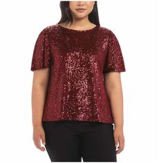 Hilary Radley Ladies Women Sequin Top Color : Red ( Wine ) Size : Xs, S, M, L Nwt ( New With Tags ) Features: Colors: Red (Wine) Sequin Knit Top Short Flowy Sleeve Fully Lined Crew Neckline With Button Keyhole Back Neck Closure Made In China Content: 95% Polyester | 5% Spandex Lining: 100% Polyester Mid-Weight Sizing: Sizes: Xs - Xxl Size Conversion: Xs = 0-2 | S = 4-6 | M = 8-10 | L = 12-14 | Xl = 16 | Xxl = 18 Model Is 5'8" Wearing Size Large Color & Size Subiect To Availability Care Instructi Red Sequined Tops For Fall, Red Sequined Top For Christmas, Chic Red Holiday Tops, Red Tops For Evening Parties, Red Tops For Evening Party Season, Red Tops For Evening And Party Season, Red Evening Tops For Party Season, Red Short Sleeve Tops For Evening, Glamorous Red Tops For Party Season