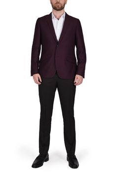 Add a professional edge to your look in this classic slim fit blazer.Fit: this style fits true to size. . Slim fit. Peak lapel. Long sleeves with 4 non-functional buttons. Front button closure. Chest welt pocket; front flap pockets. Interior pockets. Side vents. Burgundy fabric construction. Partially lined. Approx. 30" length . Imported Dry clean 80% Polyester, 18% Rayon, 2% Spandex Fall Season Slim Fit Semi-formal Blazer, Burgundy Single-breasted Blazer For Business, Slim Fit Blazer With Suit Collar For Office Wear, Fitted Single Breasted Burgundy Blazer, Semi-formal Burgundy Blazer For Fall, Classic Tailored Burgundy Blazer, Tailored Classic Burgundy Blazer, Classic Burgundy Blazer With Suit Collar, Slim Fit Blazer With Lapel Collar For Business Casual